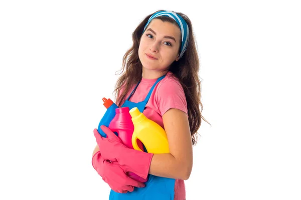 年轻的少女女人与清洁剂 — 图库照片