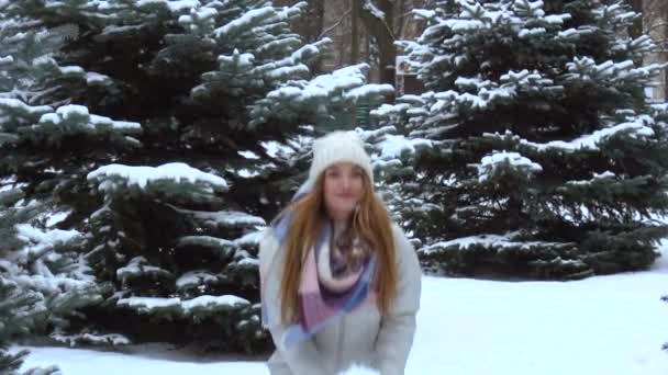 Encantadora jovem se diverte em uma floresta de inverno e joga neve no ar — Vídeo de Stock