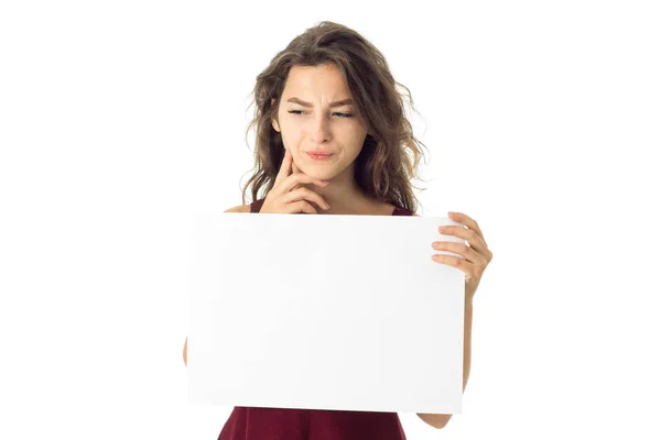 Girl in red dress with white placard — Stock Photo, Image