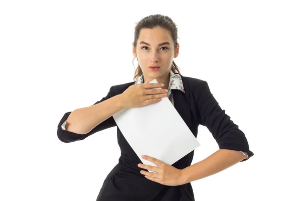 Woman in uniform with white placard in hands — Stock Photo, Image
