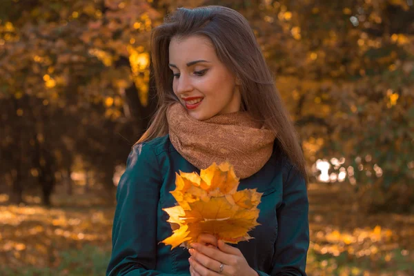 Όμορφο κορίτσι χαμογελά και κρατώντας ένα φύλλο σφενδάμου στα χέρια — Φωτογραφία Αρχείου