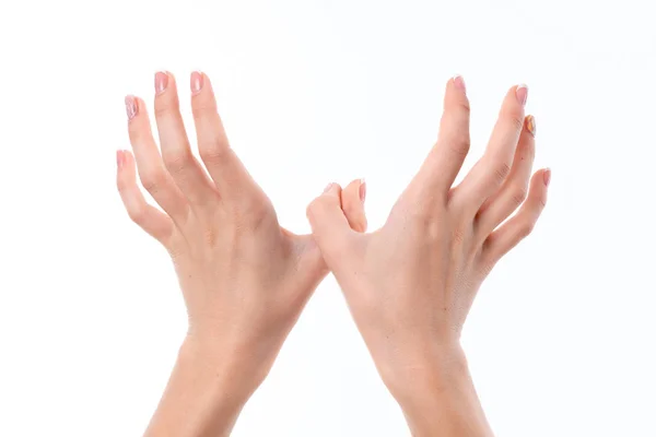 Two female hands outstretched forward with raised upward — Stock Photo, Image