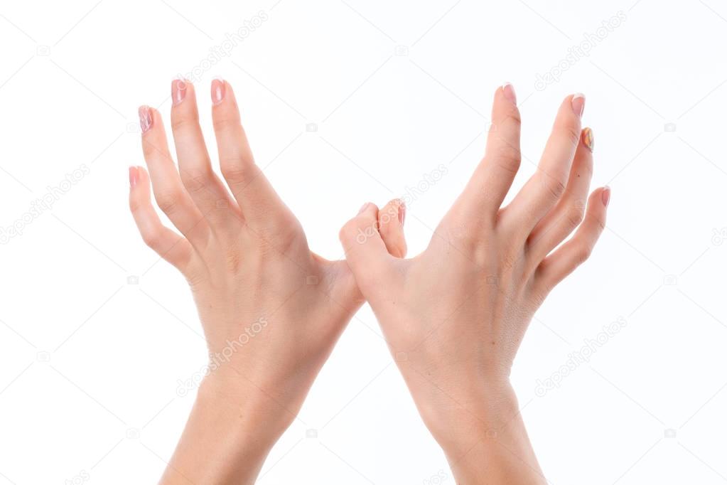 two female hands outstretched forward with raised upward