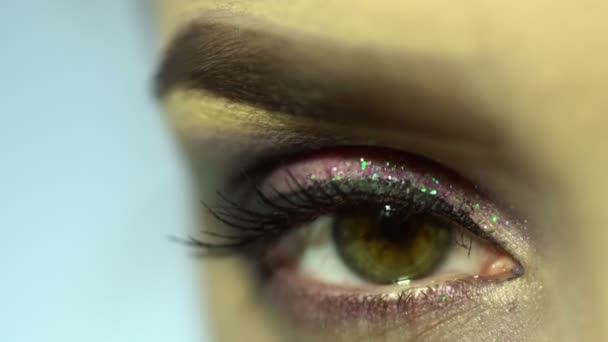 Macro de hermoso ojo femenino con buen maquillaje. mujer con belleza conforman mirando la cámara de cerca en el estudio — Vídeo de stock