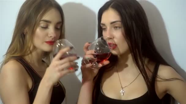 Zwei sexuelle junge Mädchen betrinken sich und küssen sich im Studio — Stockvideo