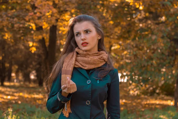 Giovane ragazza in sciarpa di seta marrone si trova nel parco e distoglie lo sguardo — Foto Stock