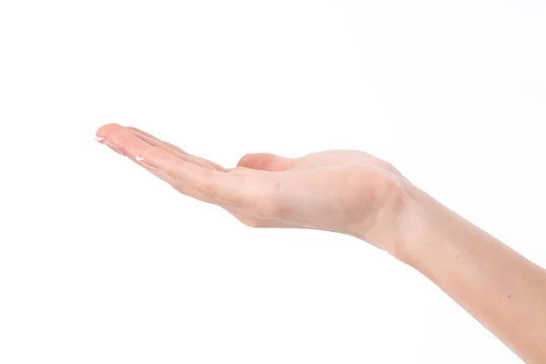 Mano femenina mostrando el gesto con un desplegado hasta las manos — Foto de Stock
