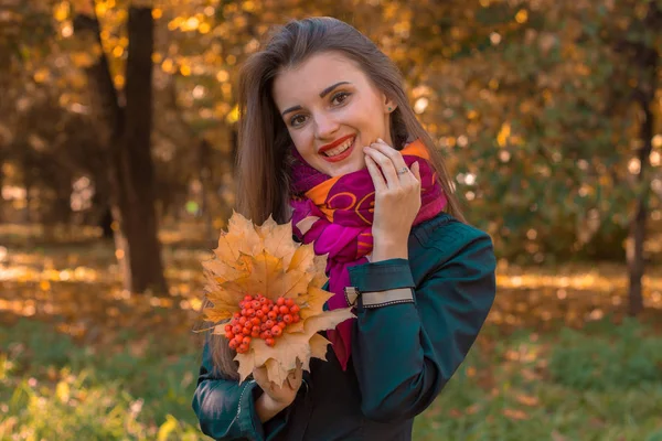 Krásná šťastná dívka v držce podzimní listí zblízka — Stock fotografie
