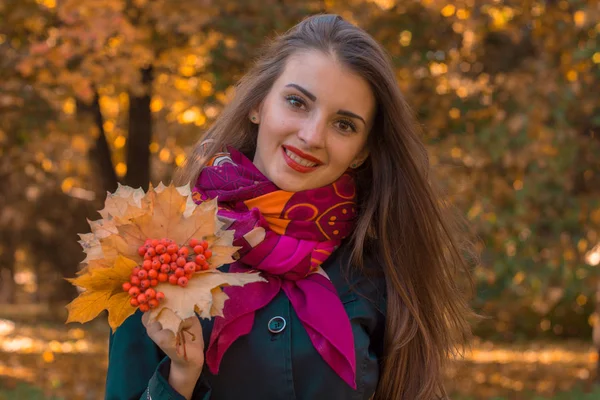 Aantrekkelijk jong meisje in roze sjaal houdt bladeren van Rowan in zijn hand en glimlachend close-up — Stockfoto