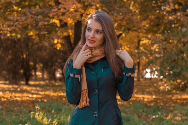 Милая молодая девушка в темной куртке и шарф стоит в парке смотрит в сторону — стоковое фото