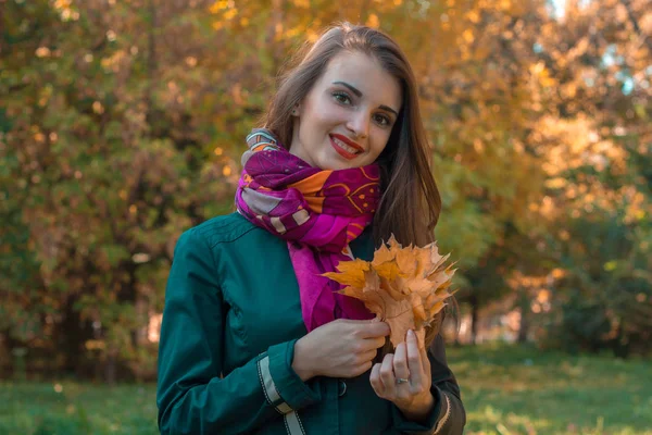 Γλυκό κορίτσι κρατά ένα μάτσο φύλλα στα χέρια τους και τα χαμόγελα — Φωτογραφία Αρχείου
