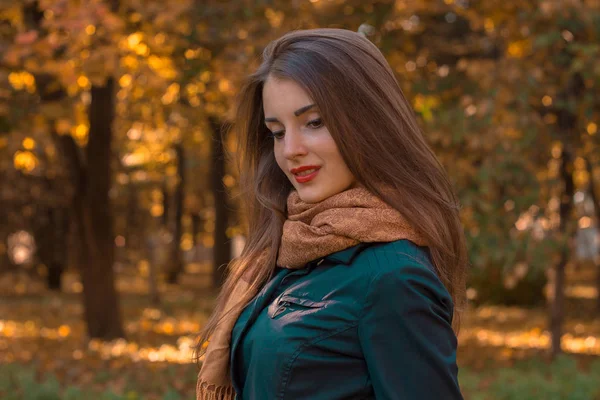 Carina ragazza con una sciarpa e camicia nera si trova nel parco girando lateralmente guardando verso il basso — Foto Stock
