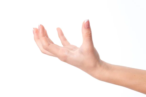 Mano femenina con los dedos levantados y las palmas desplegadas aisladas sobre fondo blanco — Foto de Stock