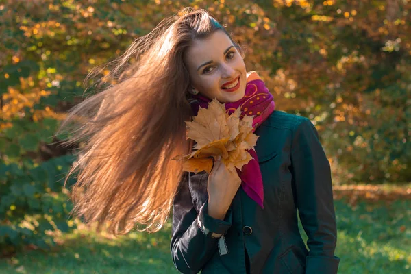 Piękna dziewczyna stoi w parku z długo rozwijających się włosów i utrzymuje liści — Zdjęcie stockowe