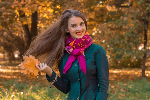 Jovem alegre mantém folhas e seu cabelo voar pelo ar — Fotografia de Stock