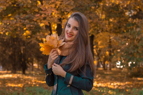 Uzun saçlı sevimli kız sokakta duruyor ve yaprakları tutar — Stok fotoğraf
