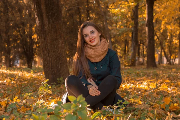 若い女の子は秋公園の地面に座っています。 — ストック写真