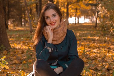 Scharfe şirin kız gülümseyerek sonbahar Park oturur