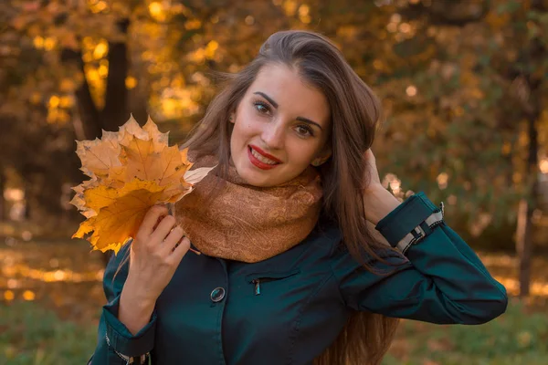 Όμορφο κορίτσι με πυκνά μαλλιά κατέχει ένα κοντά πρόσωπο μπουκέτο από φύλλα το φθινόπωρο του πάρκου — Φωτογραφία Αρχείου