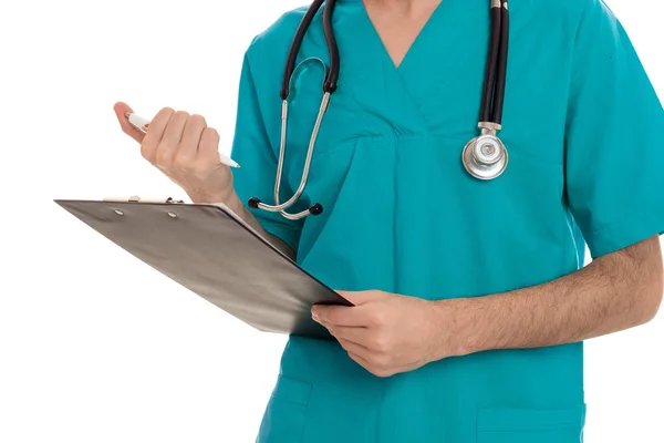 Κομψό γιατρός σε μπλε στολή με stethoscopemake νότες που απομονώνονται σε λευκό φόντο — Φωτογραφία Αρχείου