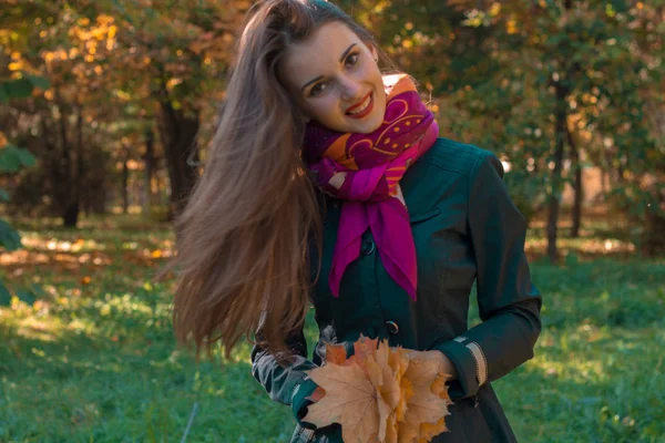 Muchacha joven con el pelo largo y recto movió la cabeza sonriendo y mantiene las hojas en las manos de — Foto de Stock