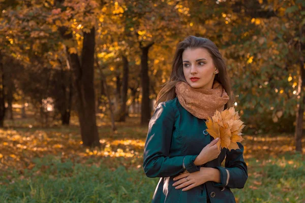 Joven chica en negro capa se para en el parque mantiene las hojas y mira hacia otro lado — Foto de Stock