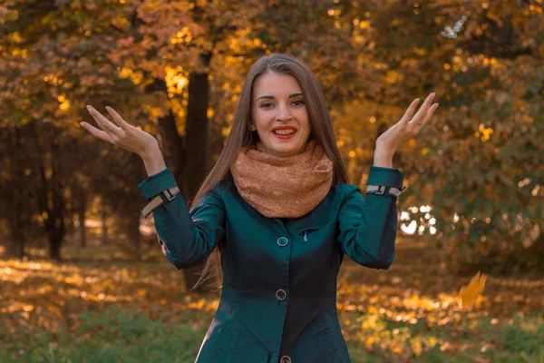 Chica feliz arroja las hojas de los árboles en el Parque y sonríe —  Fotos de Stock