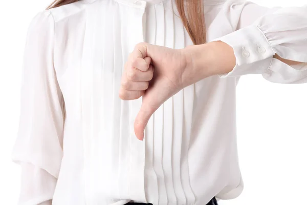 Девушка показывает жест с капюшоном вниз пальцем крупным планом — стоковое фото