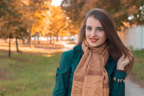 Linda chica pin-up en una bufanda marrón se para en el parque y sonríe — Foto de Stock