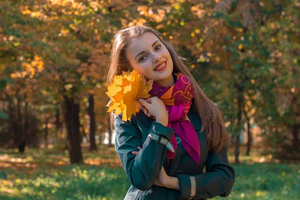 Tatlı kız gülümser ve kafa tutar yaprakları bükme sokakta duruyor — Stok fotoğraf