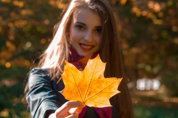 Pin-up chica estiró recta hoja de arce y sonriendo de cerca - — Foto de Stock