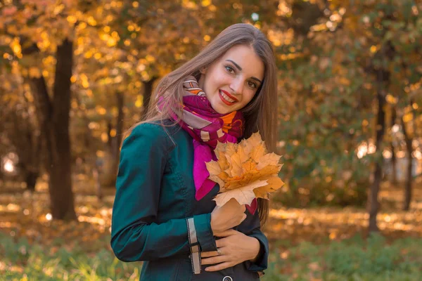Jong meisje staat glimlachend in het Park en houdt de bladeren van de bomen — Stockfoto