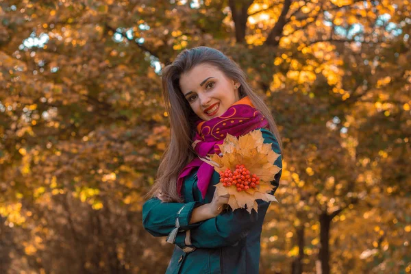 Lachende meisje staat zijwaarts op straat en houdt van de droge bladeren met Rowan — Stockfoto