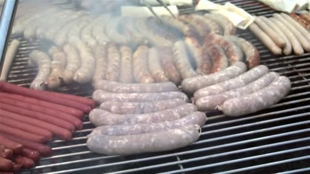 Sausages fried on a grill outdoors — Stock Video