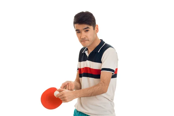 Concentrated sportsman practicing ping-pong isolated on white background — Stock Photo, Image