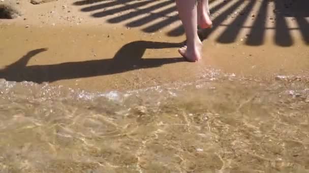 Mojada chica sale del mar en la escalera — Vídeos de Stock