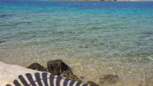 Het transparant blauw van de zee en de schaduw van een parasol op de zanderige oever — Stockvideo