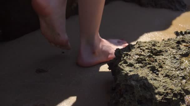 Primer plano de la joven está caminando en la orilla del mar y las olas están rodando en sus pies — Vídeo de stock