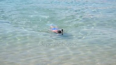 adam sualtı maskesi saf mavi denizde yüzüyor.