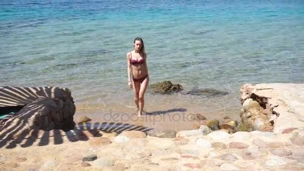 Giovane ragazza esce dal mare sui gradini — Video Stock