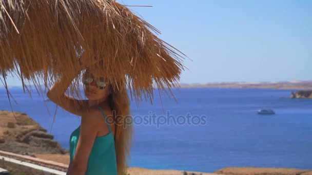 Μια νεαρή κοπέλα με μακριά μαλλιά και γυαλιά στέκεται το καλοκαίρι κάτω από τα μπανγκαλόου κοντά στη θάλασσα με τον άνεμο σε αργή κίνηση — Αρχείο Βίντεο