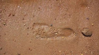 Kız yakın çekim izler bırakarak ıslak kumsalda yürür