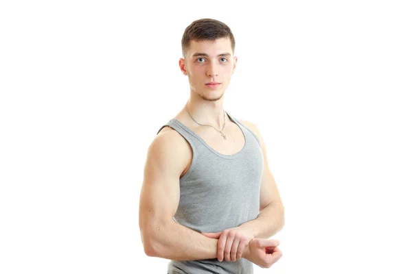 T-shirt teşkil dijital fotoğraf makinesinde sportif genç adam — Stok fotoğraf