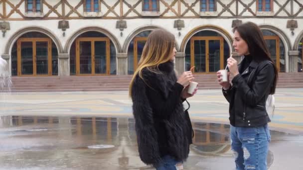 Dua wanita cantik minum kopi dan berbicara di taman — Stok Video