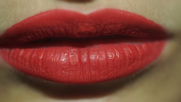 Chica joven con labios rojos come patatas fritas — Vídeo de stock