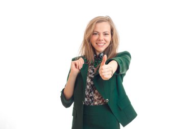 Akıllı gülümseyen genç bolndinka ileri bir el uzanır ve jest sınıf yakın çekim gösterir