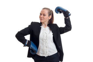 güzel genç kızı beyaz gömlek ve ceket değer tutma boks eldivenleri yakın çekim eller