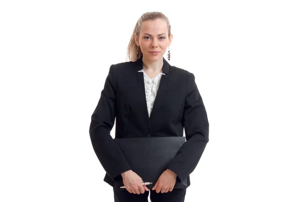 Cutie jonge bedrijf meisje in uniform met tablet in handen kijken naar de camera — Stockfoto