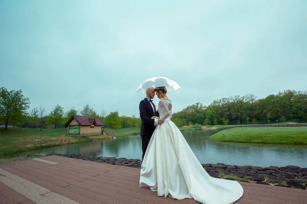 傘の下でカップルを抱いて結婚しているカップル — ストック写真