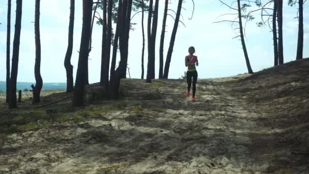 Jeune femme sportive en uniforme de sport courant autour de la forêt — Video